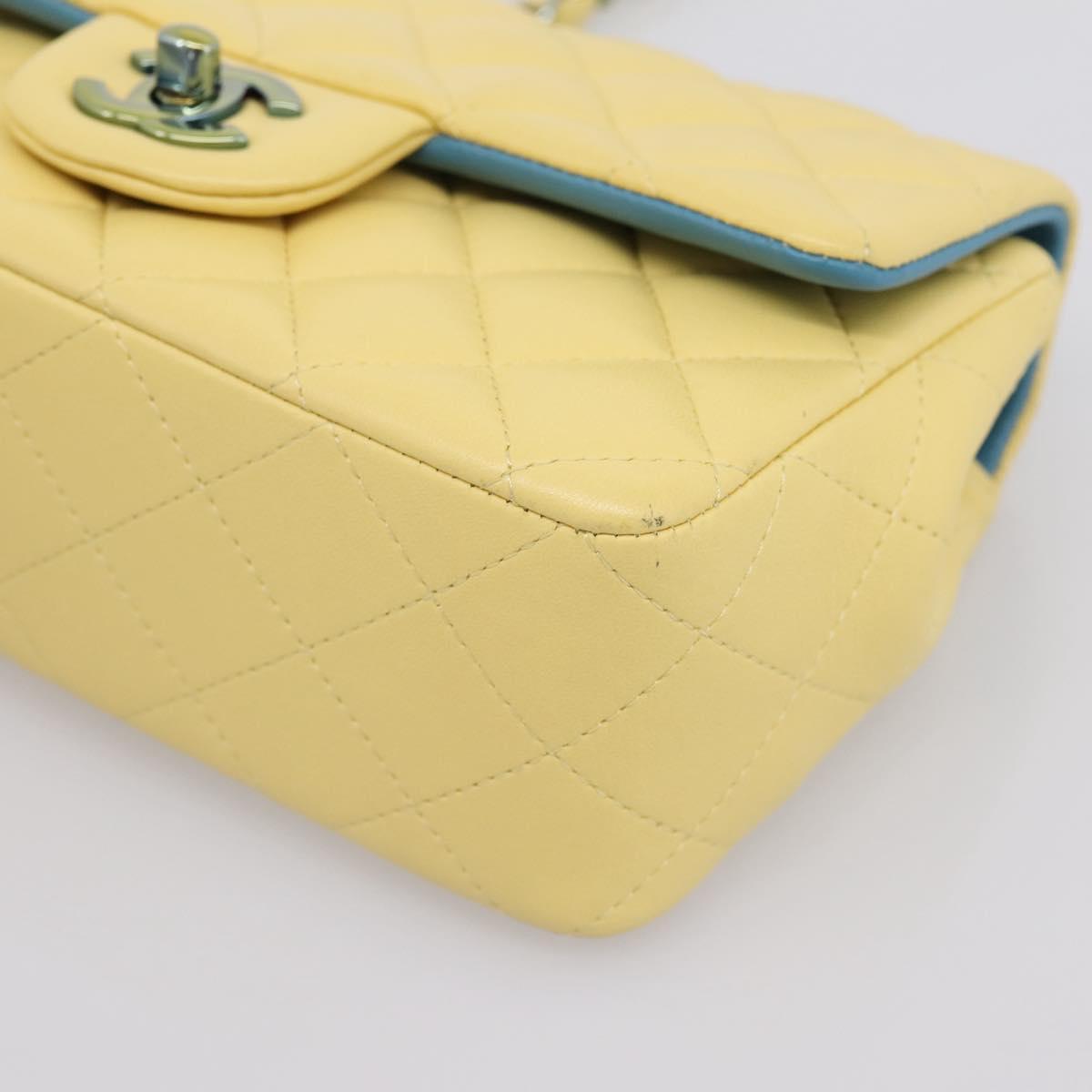 CHANEL Mini Matelasse 20 Chain Shoulder Bag Lamb Skin Yellow CC Auth 197490SV