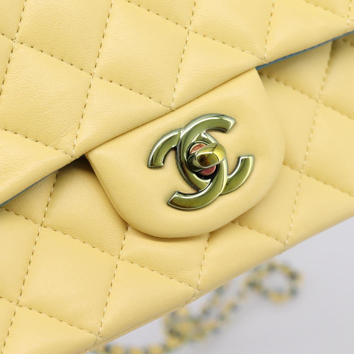 CHANEL Mini Matelasse 20 Chain Shoulder Bag Lamb Skin Yellow CC Auth 197490SV