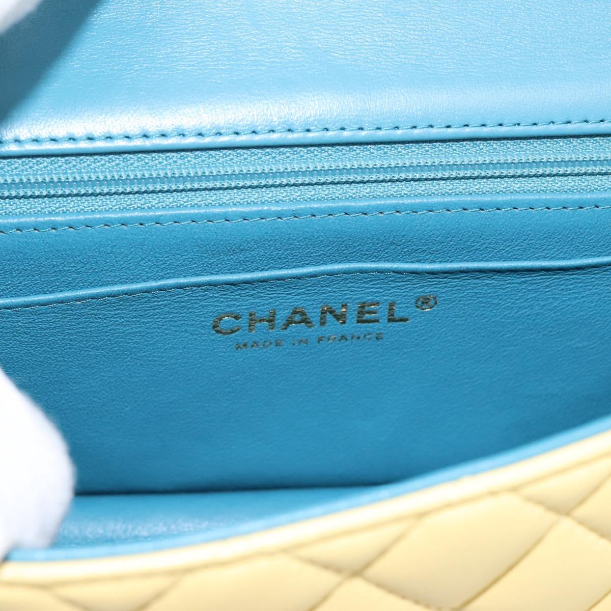 CHANEL Mini Matelasse 20 Chain Shoulder Bag Lamb Skin Yellow CC Auth 197490SV