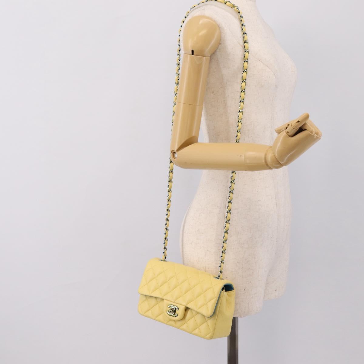 CHANEL Mini Matelasse 20 Chain Shoulder Bag Lamb Skin Yellow CC Auth 197490SV