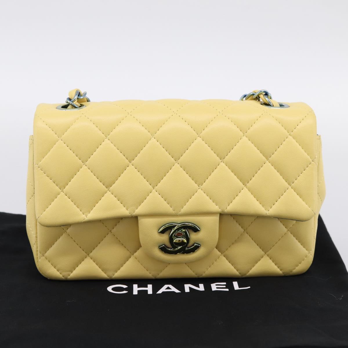 CHANEL Mini Matelasse 20 Chain Shoulder Bag Lamb Skin Yellow CC Auth 197490SV