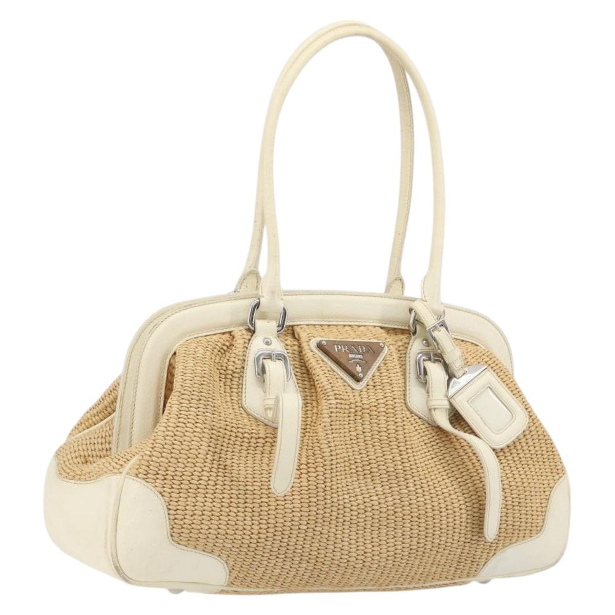 PRADA Hand Bag Straw Beige Silver Auth 197502A