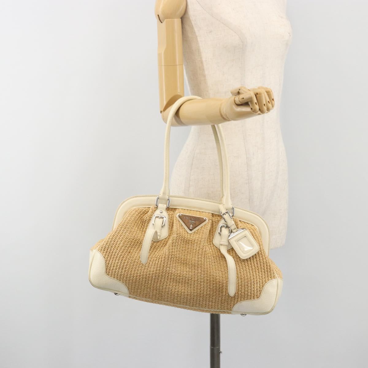 PRADA Hand Bag Straw Beige Silver Auth 197502A