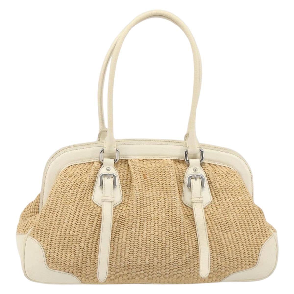PRADA Hand Bag Straw Beige Silver Auth 197502A