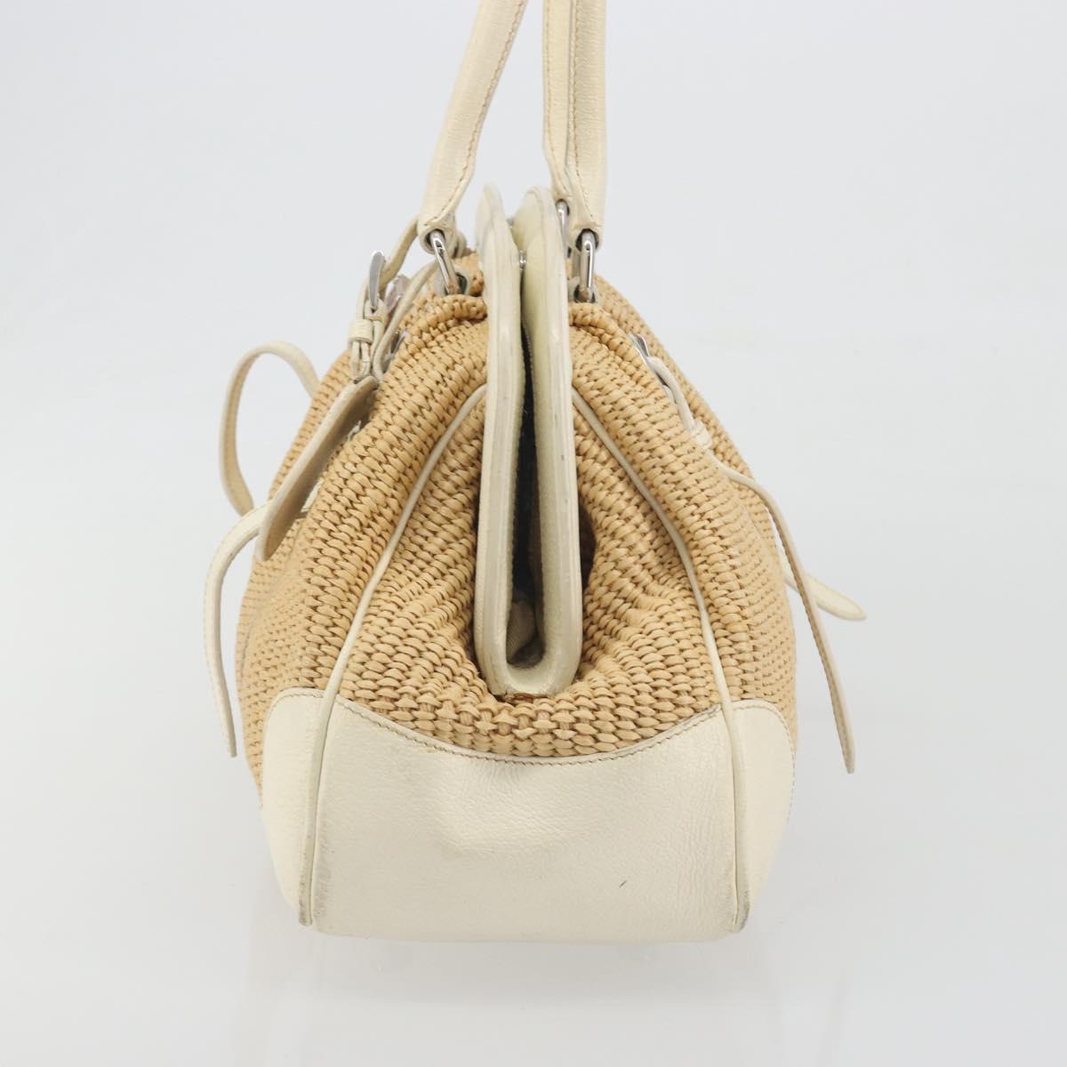PRADA Hand Bag Straw Beige Silver Auth 197502A