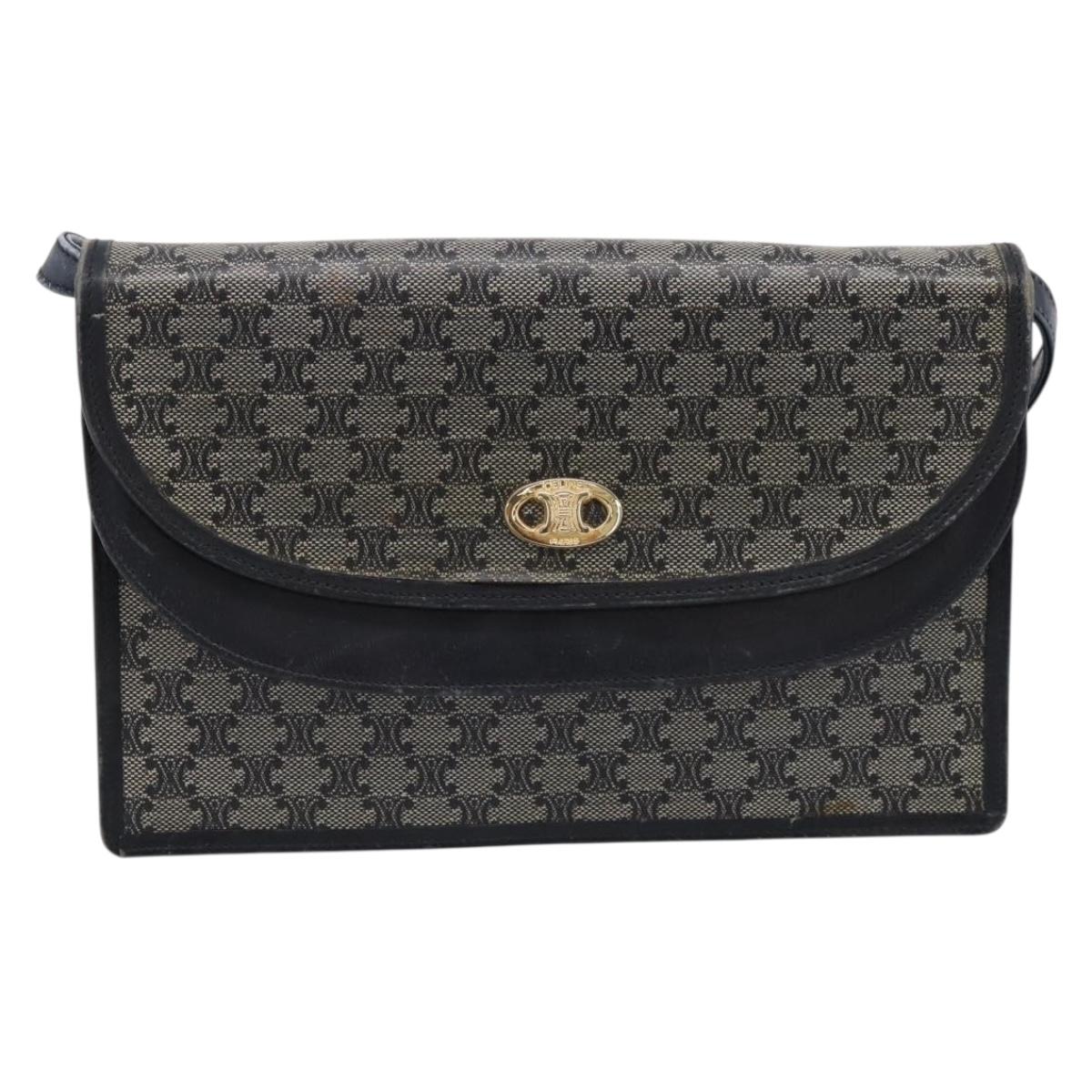 CELINE Macadam Canvas Shoulder Bag PVC Navy Gold Auth 197504