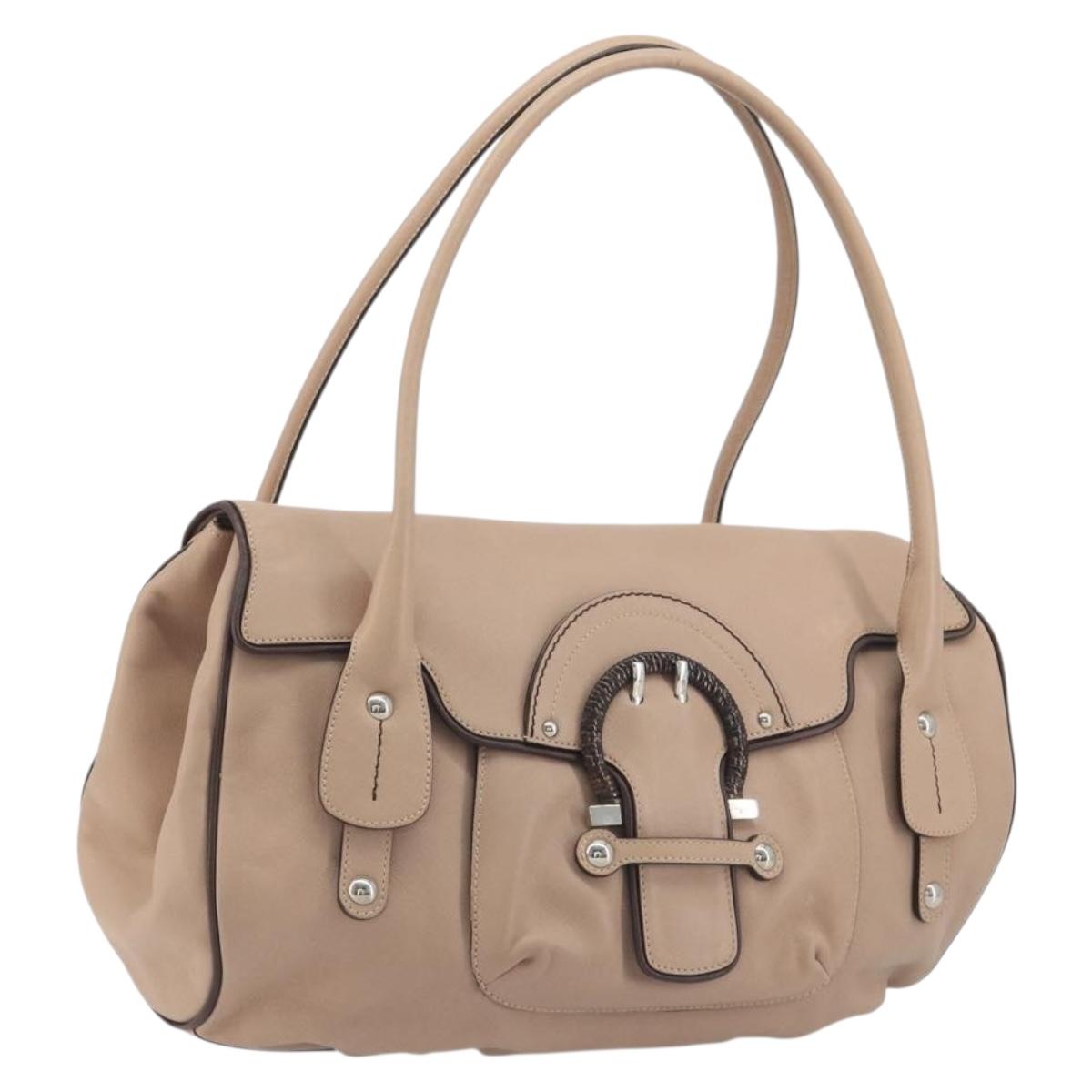 Salvatore Ferragamo Gancini Hand Bag Leather Beige Silver Auth 197508A