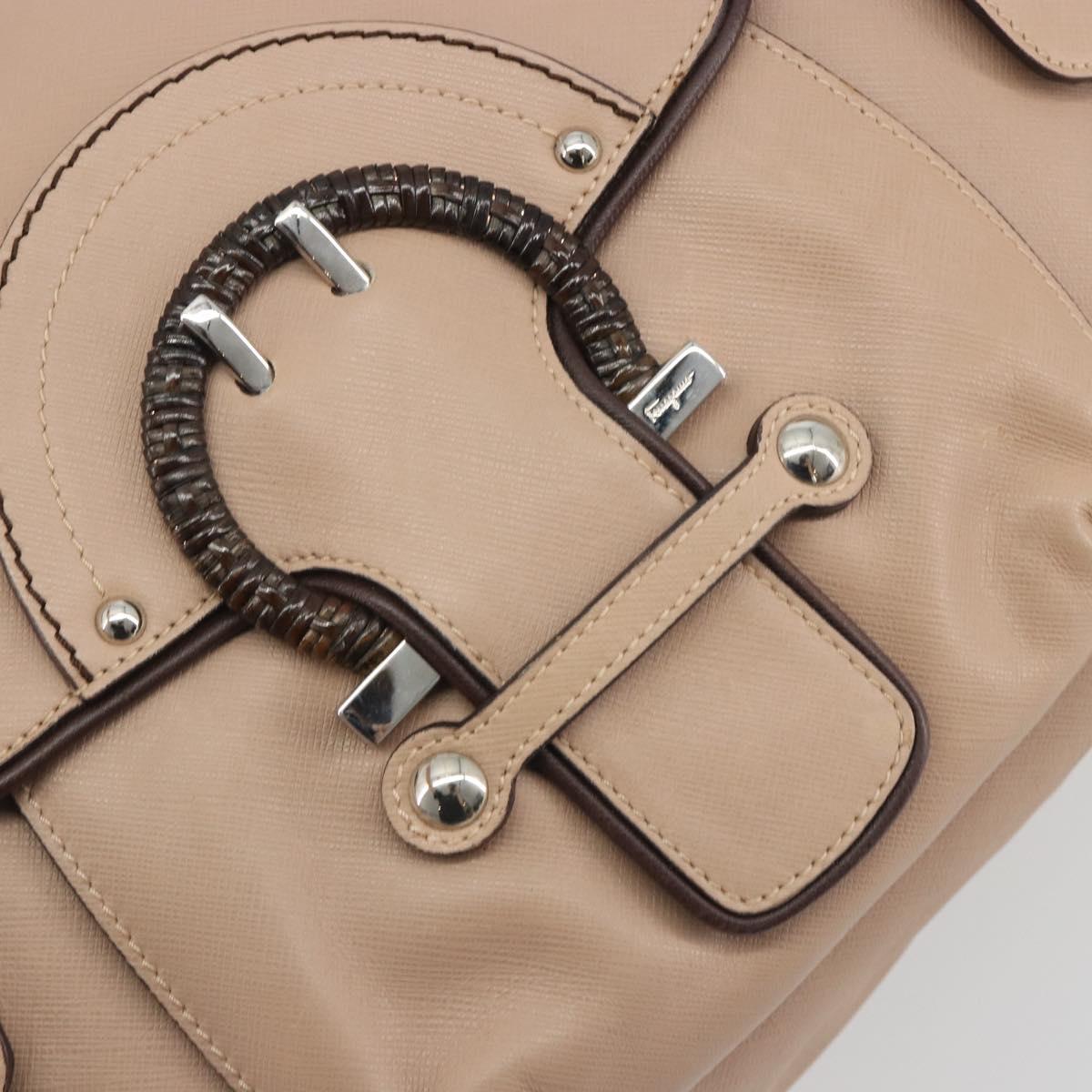 Salvatore Ferragamo Gancini Hand Bag Leather Beige Silver Auth 197508A