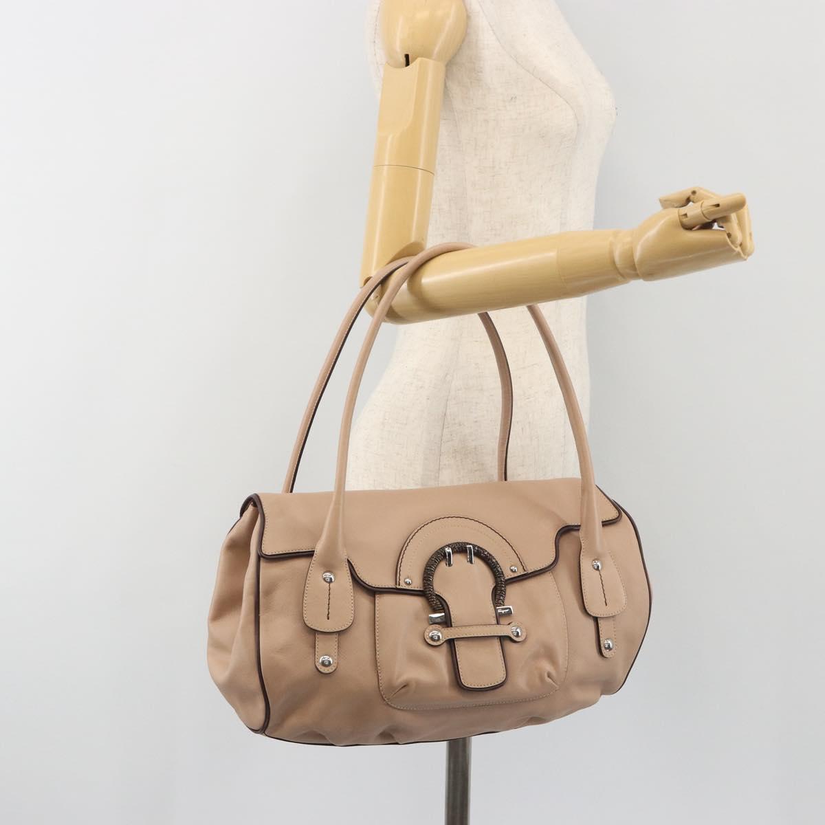 Salvatore Ferragamo Gancini Hand Bag Leather Beige Silver Auth 197508A