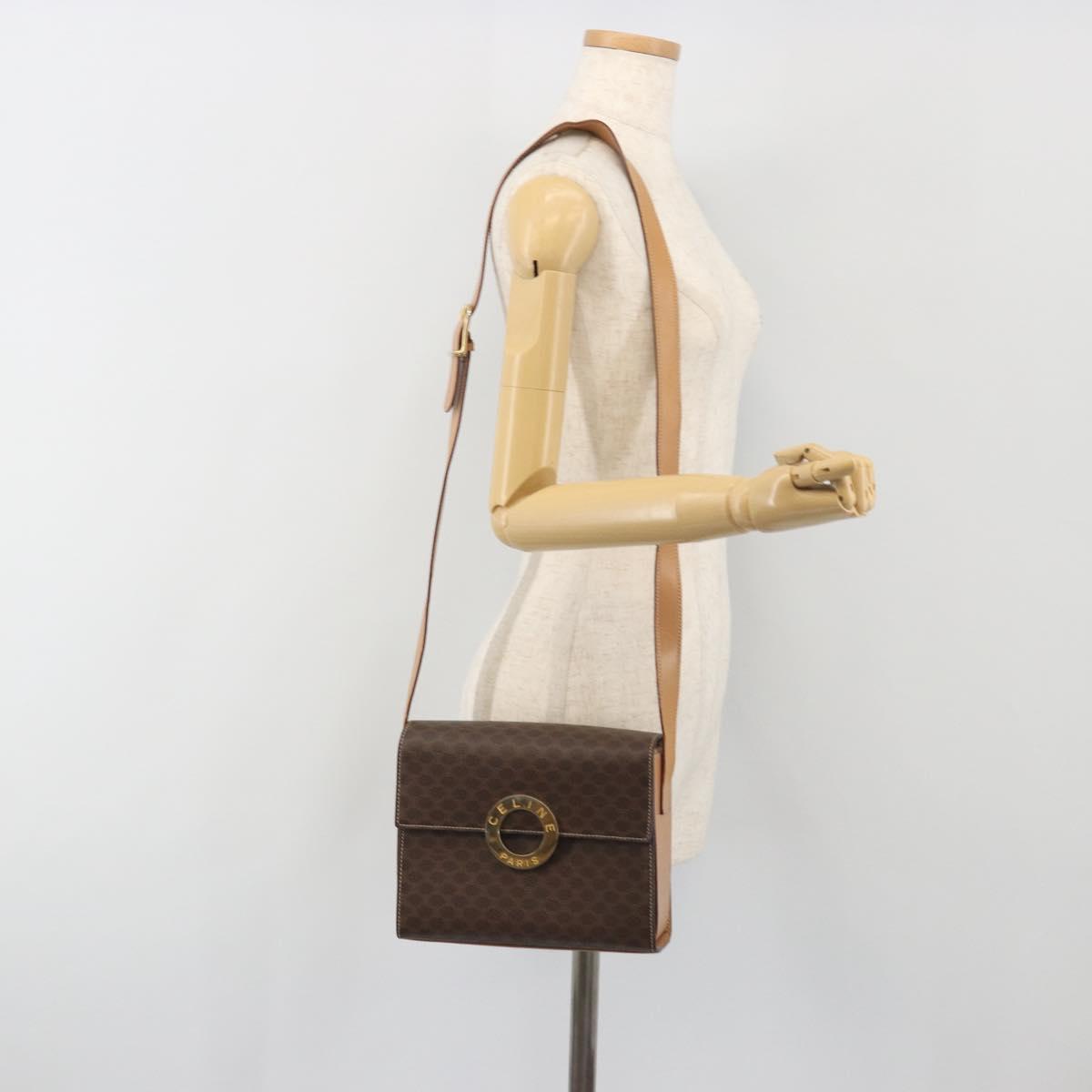 CELINE Macadam Canvas Circle Shoulder Bag PVC Leather Brown Gold Auth 197510A