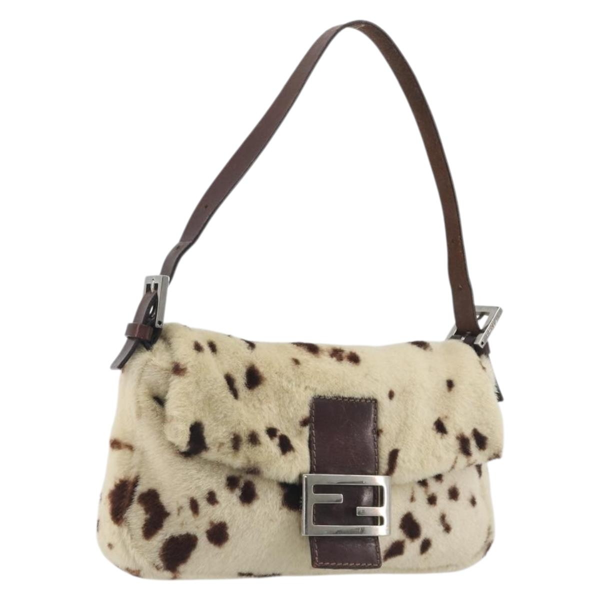 FENDI Mamma Baguette Shoulder Bag fur Ivory Silver Auth 197511SAM