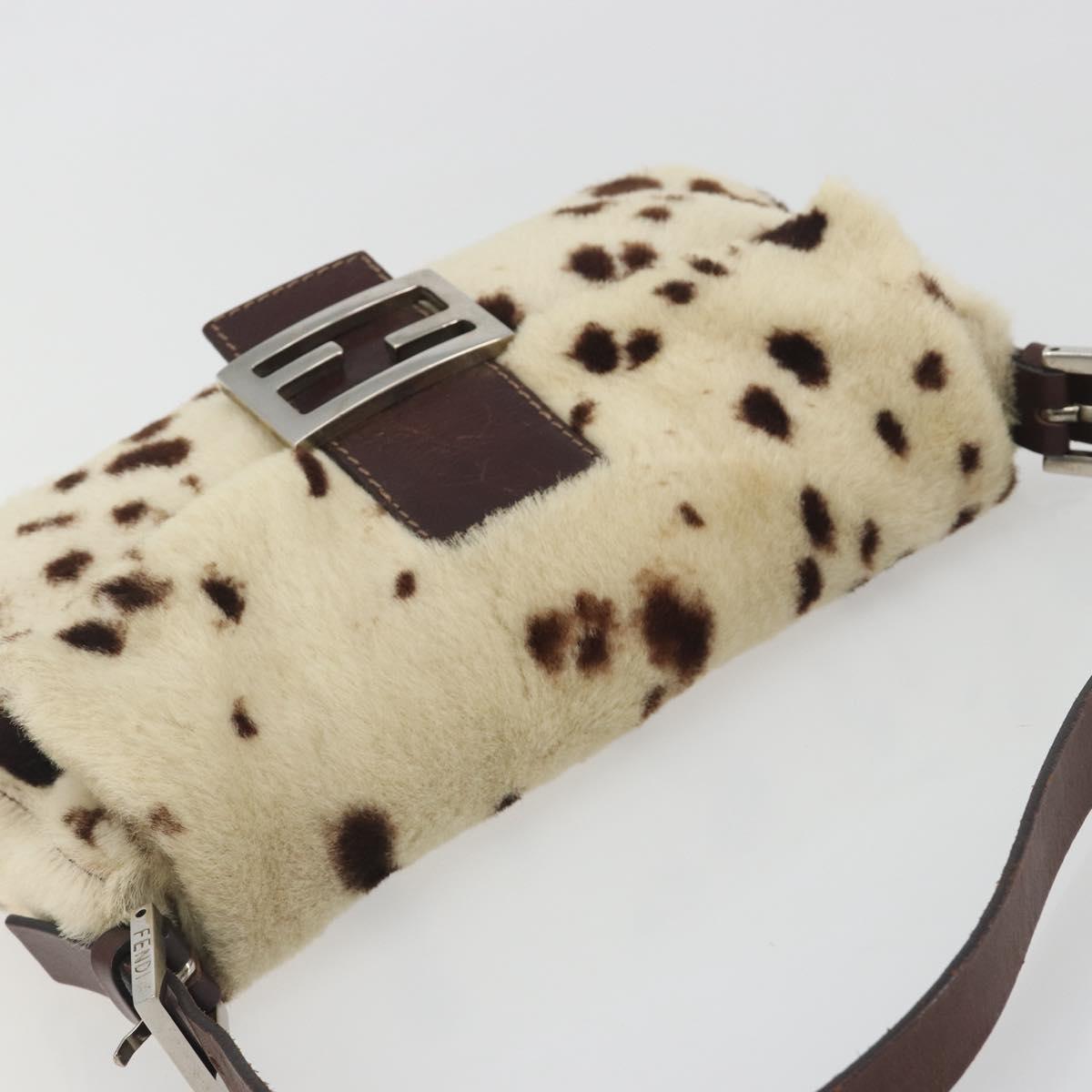 FENDI Mamma Baguette Shoulder Bag fur Ivory Silver Auth 197511SAM