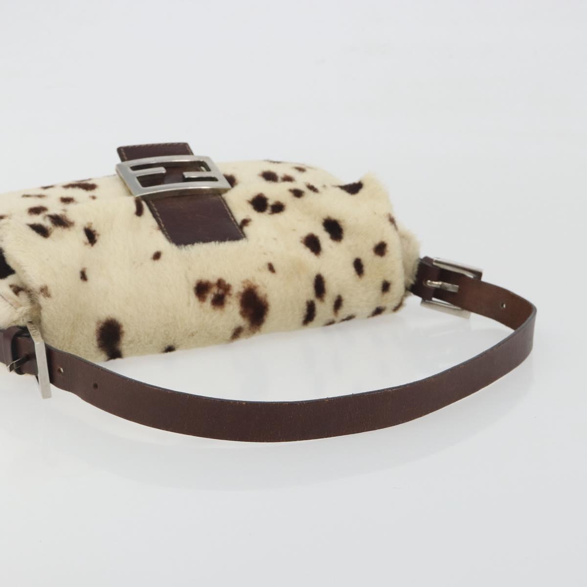 FENDI Mamma Baguette Shoulder Bag fur Ivory Silver Auth 197511SAM