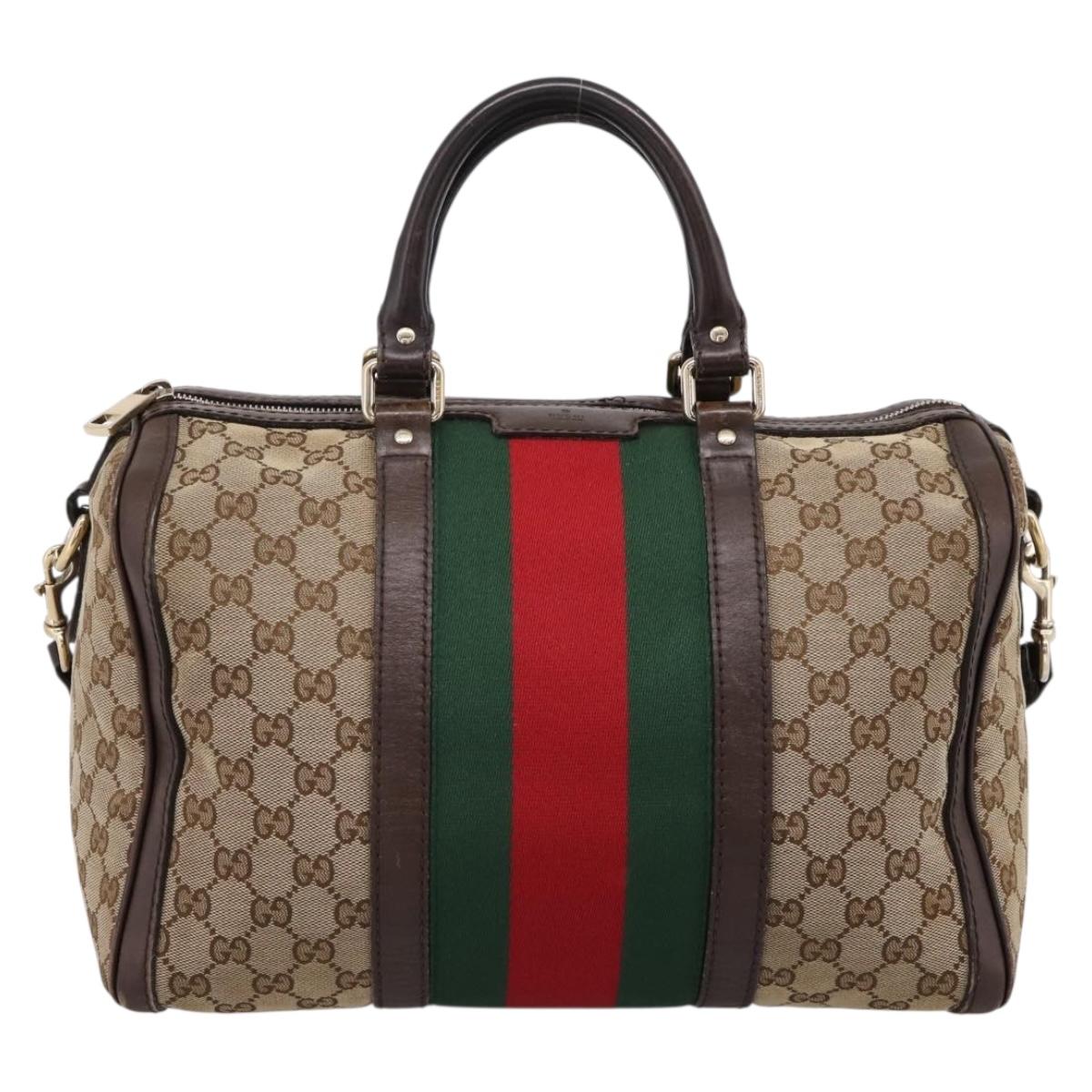 GUCCI GG Canvas Web Sherry Line Boston Bag 2way Beige Gold 247205 Auth 197515
