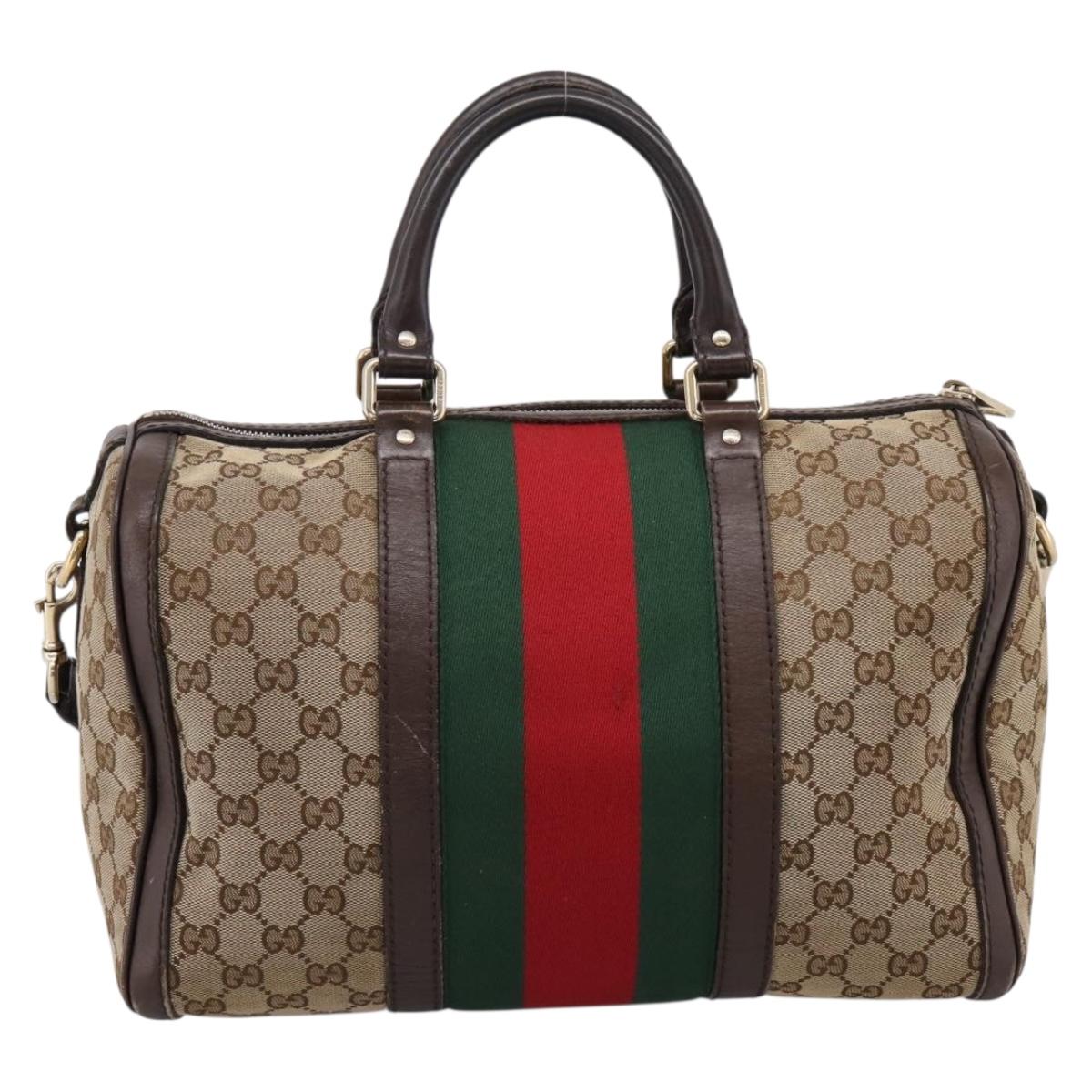 GUCCI GG Canvas Web Sherry Line Boston Bag 2way Beige Gold 247205 Auth 197515