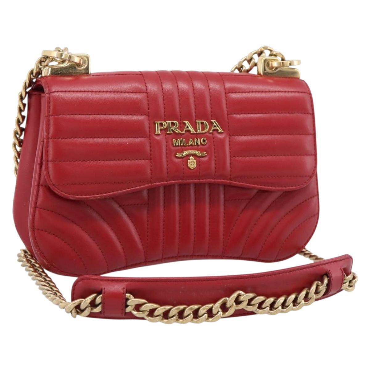 PRADA Diagram Chain Shoulder Bag Leather Red Gold Auth 197523V