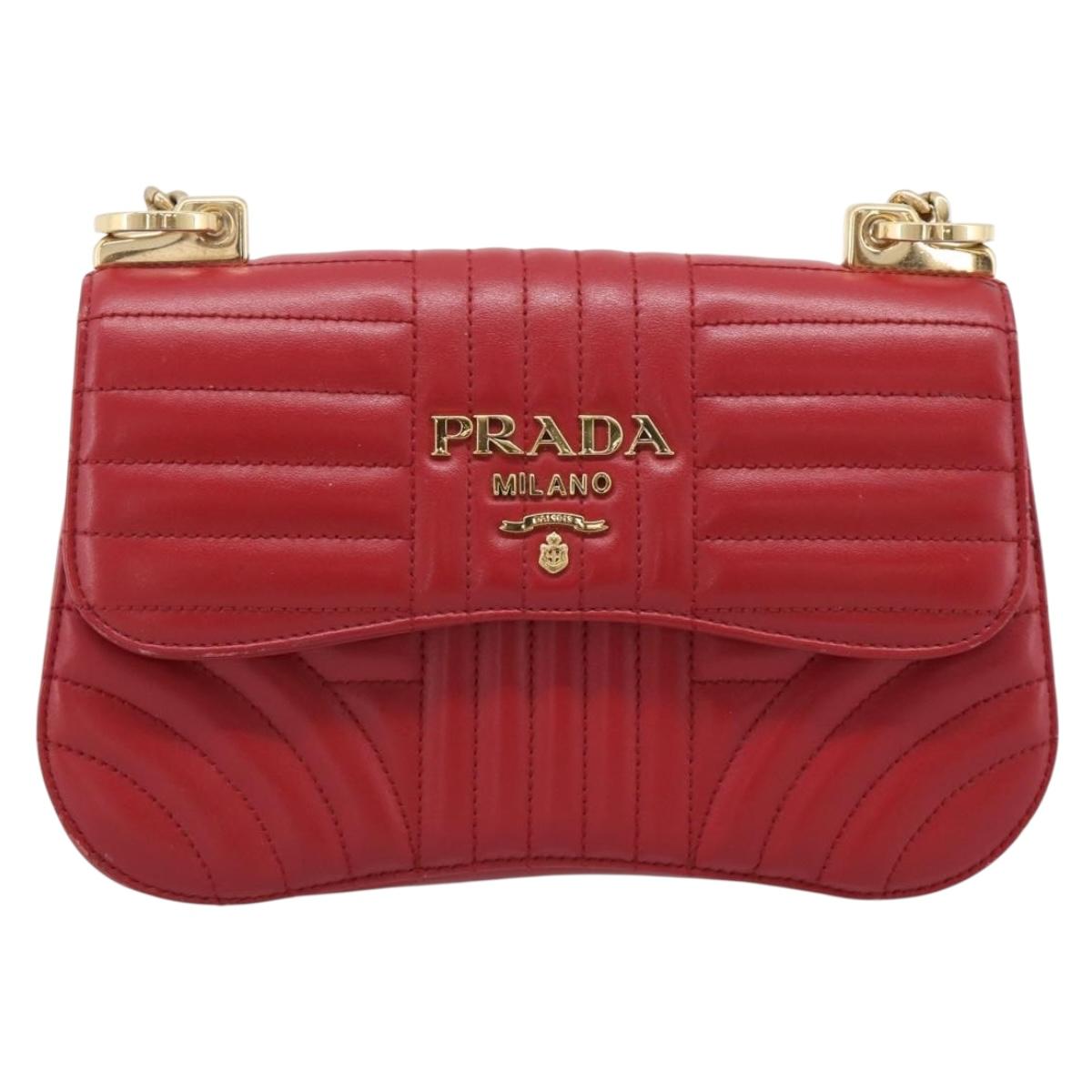 PRADA Diagram Chain Shoulder Bag Leather Red Gold Auth 197523V
