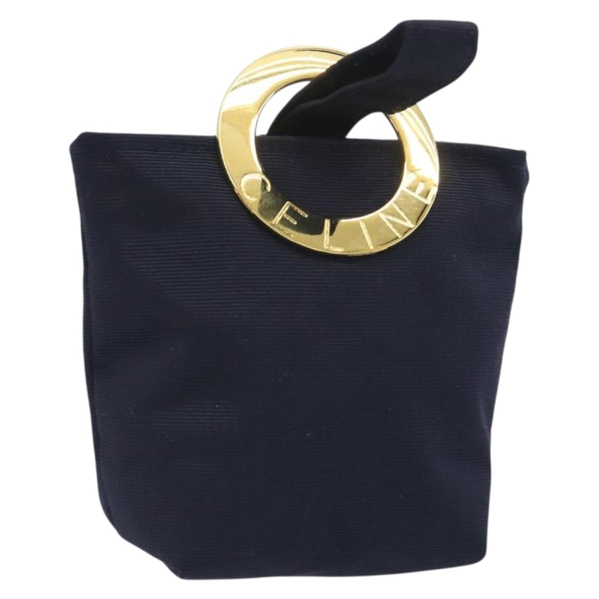CELINE Circle Pouch Canvas Navy Gold Auth 197576A