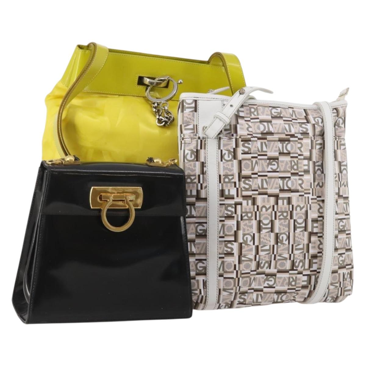 Salvatore Ferragamo Bag Leather Nylon 3 Set Black Yellow white Auth 197582