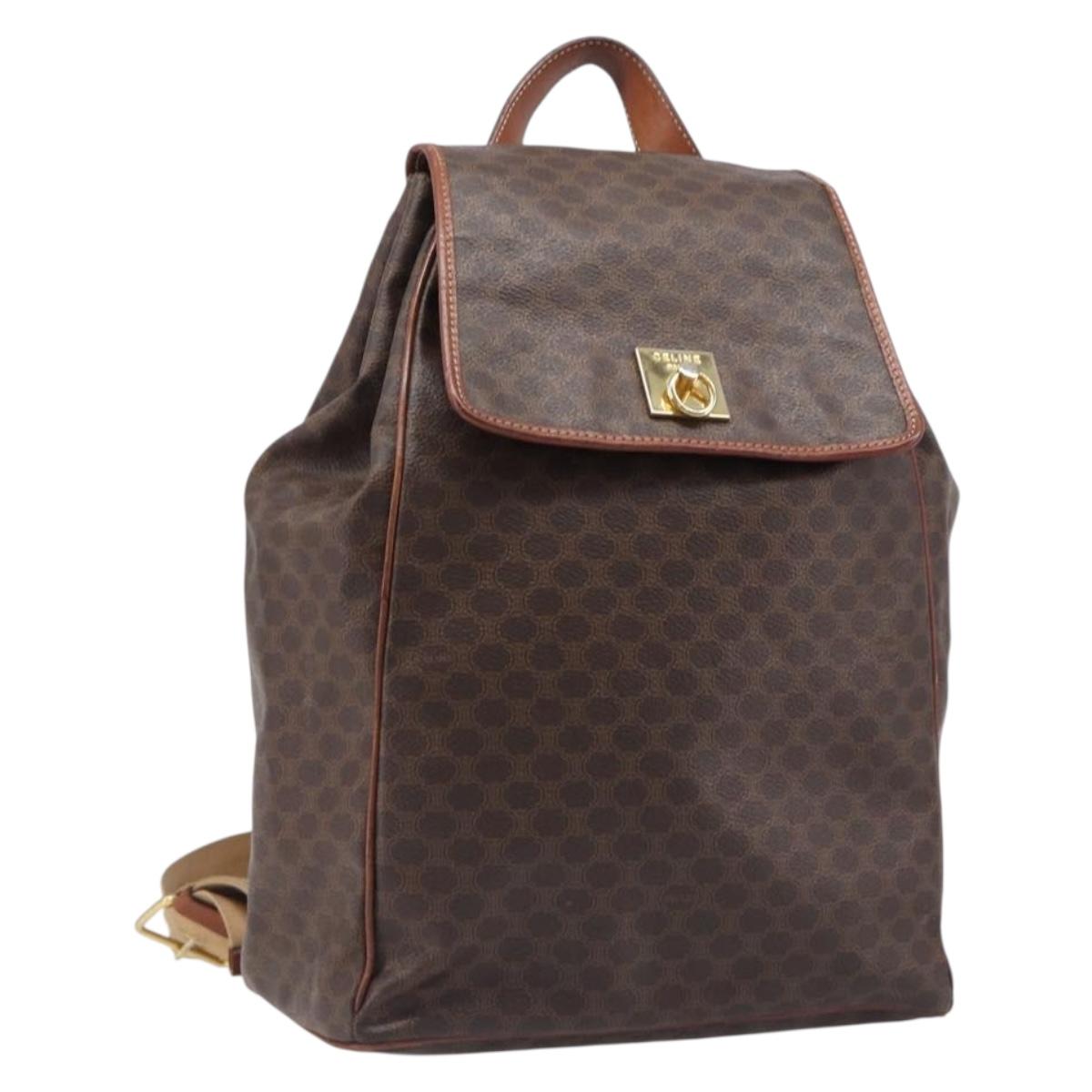 CELINE Macadam Canvas Backpack PVC Leather Brown Gold Auth 197605