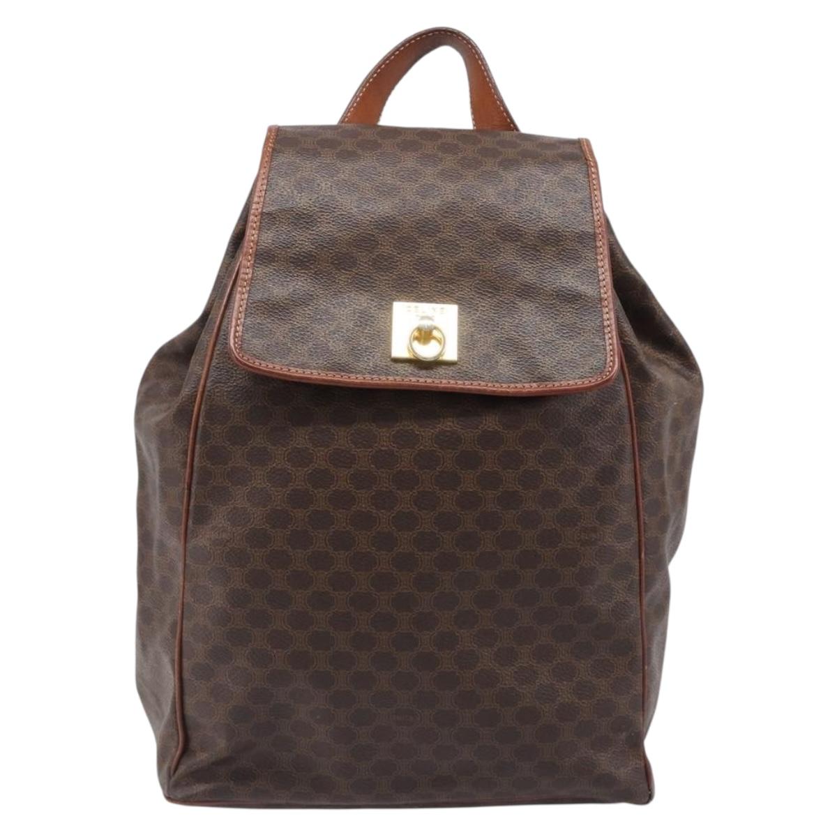 CELINE Macadam Canvas Backpack PVC Leather Brown Gold Auth 197605