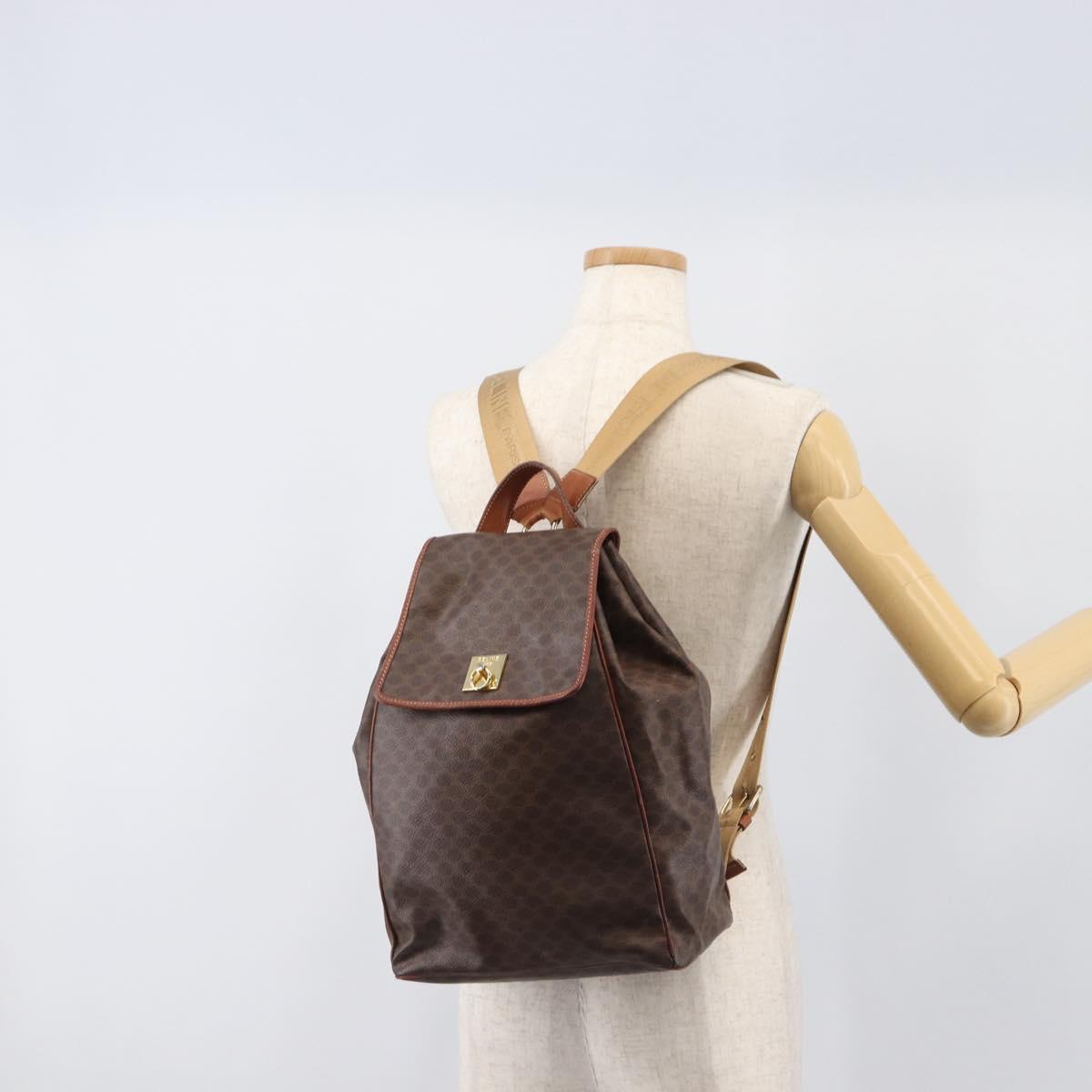 CELINE Macadam Canvas Backpack PVC Leather Brown Gold Auth 197605