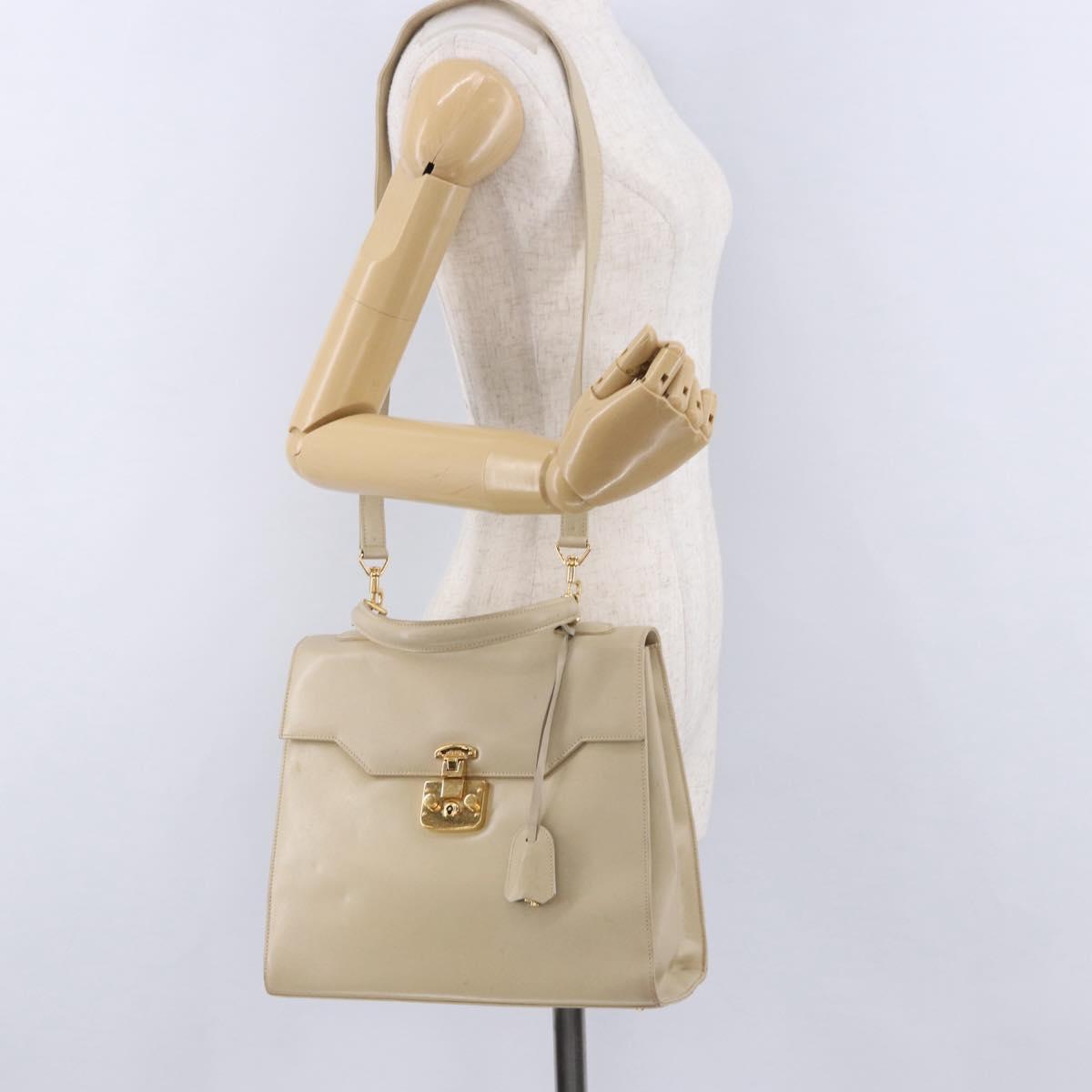 GUCCI Hand Bag Leather 2way Beige Gold Auth 197623