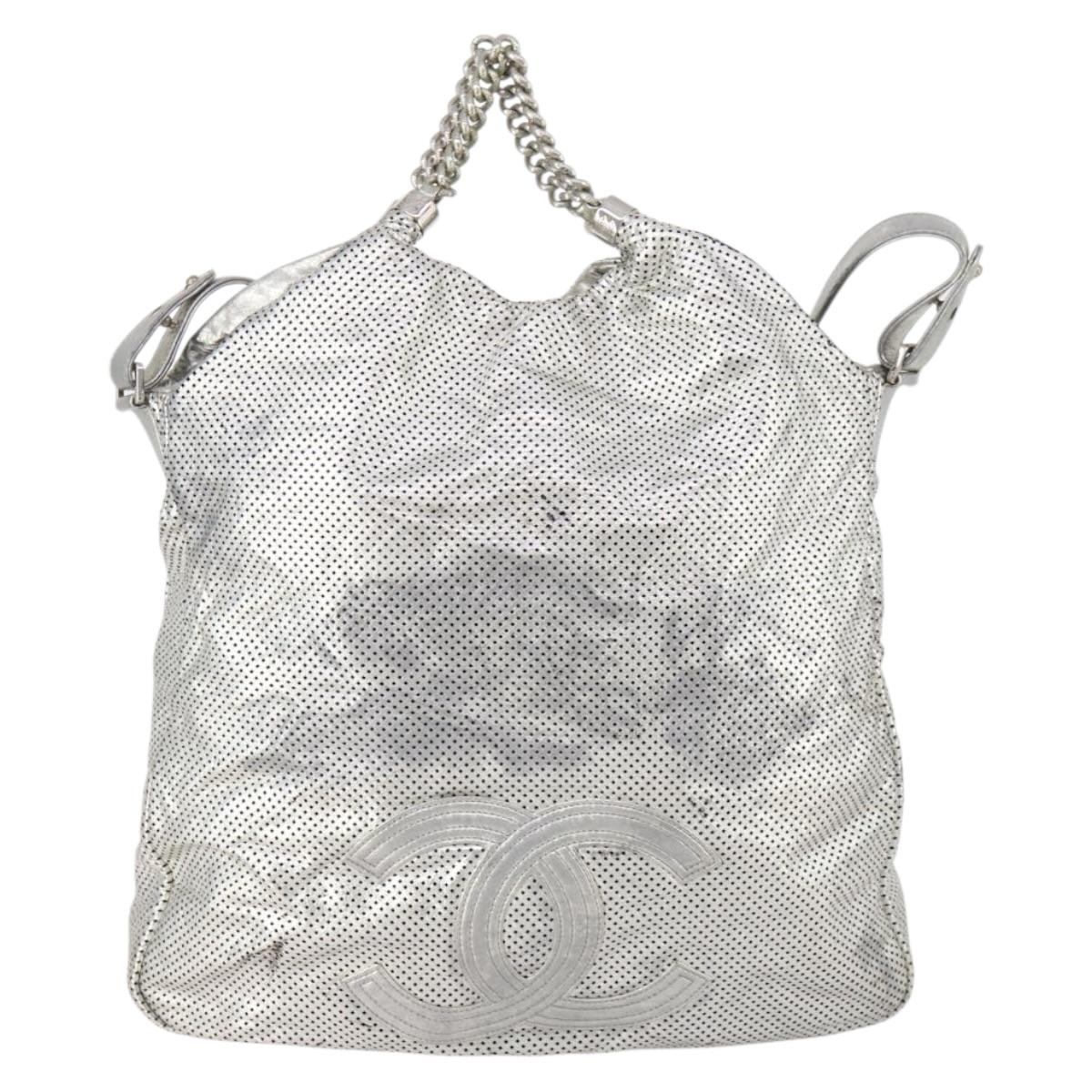 CHANEL COCO Mark Punching Shoulder Bag Leather 2way Silver CC Auth 197660