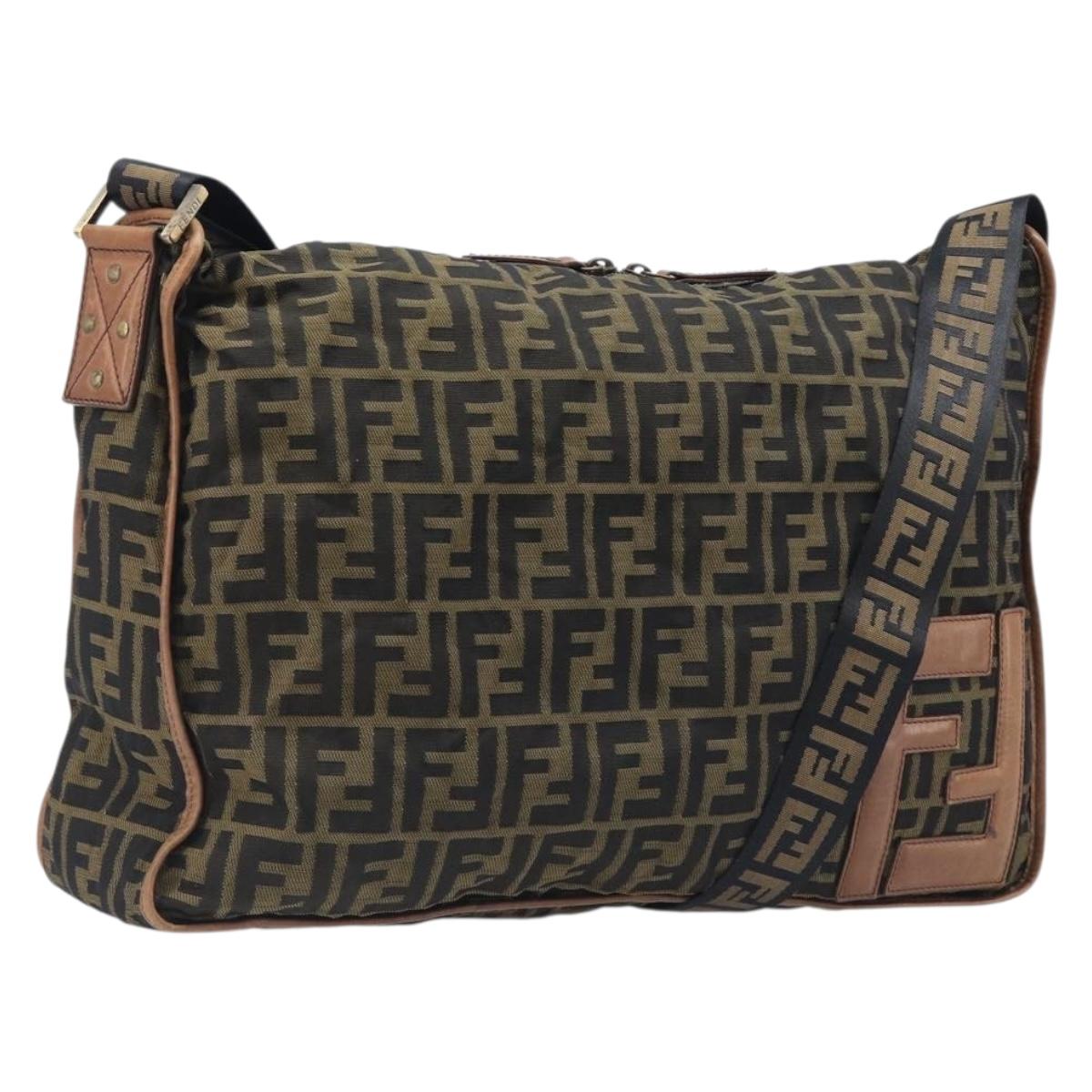 FENDI Zucca Canvas Shoulder Bag Brown Black Auth 197699