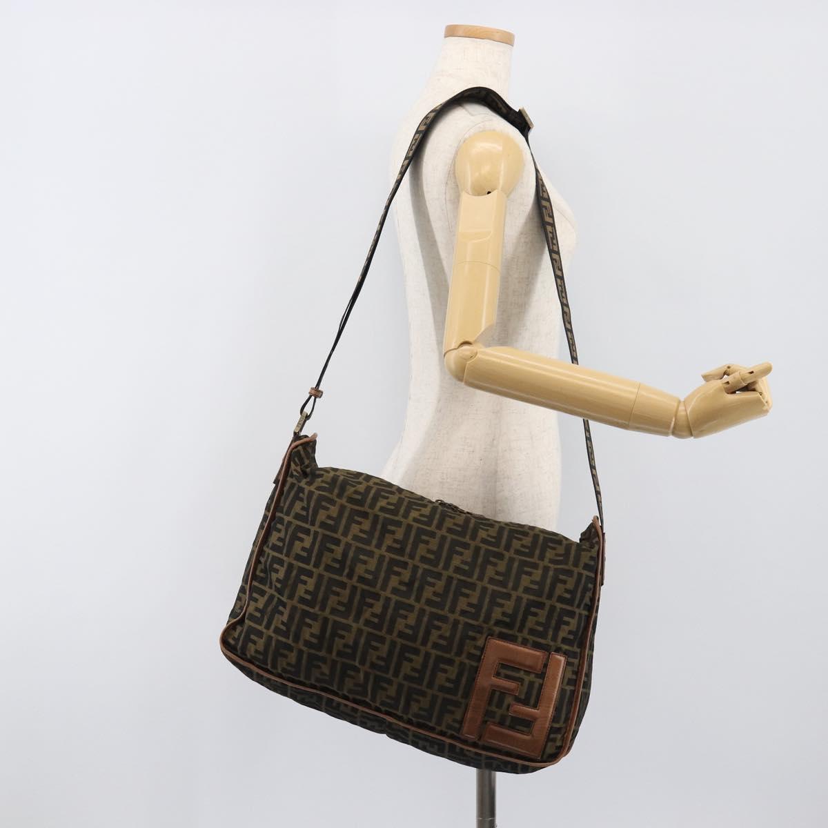 FENDI Zucca Canvas Shoulder Bag Brown Black Auth 197699