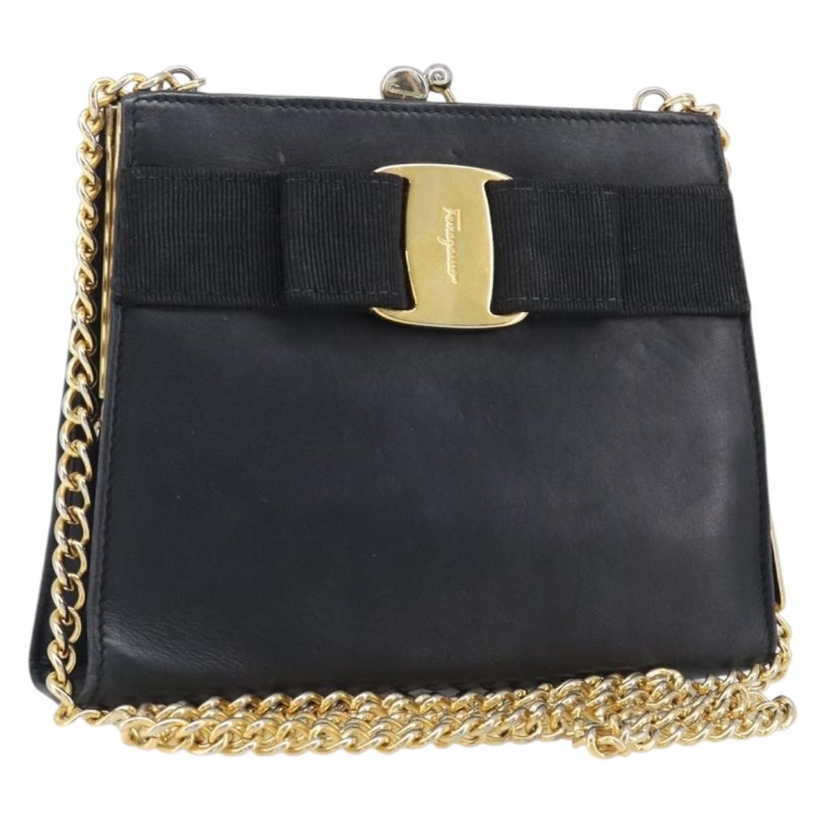 Salvatore Ferragamo Vala Chain Shoulder Bag Leather Navy Gold Auth 197700