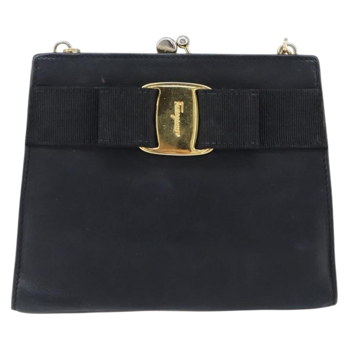 Salvatore Ferragamo Vala Chain Shoulder Bag Leather Navy Gold Auth 197700