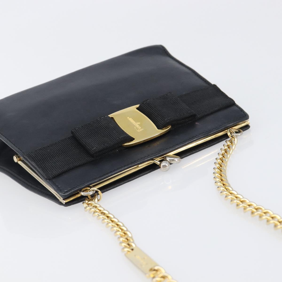 Salvatore Ferragamo Vala Chain Shoulder Bag Leather Navy Gold Auth 197700