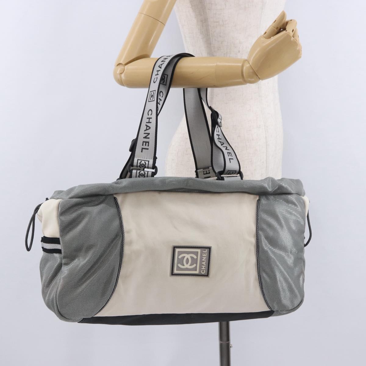 CHANEL Sports Line Boston Bag Canvas White Silver CC Auth 197702V