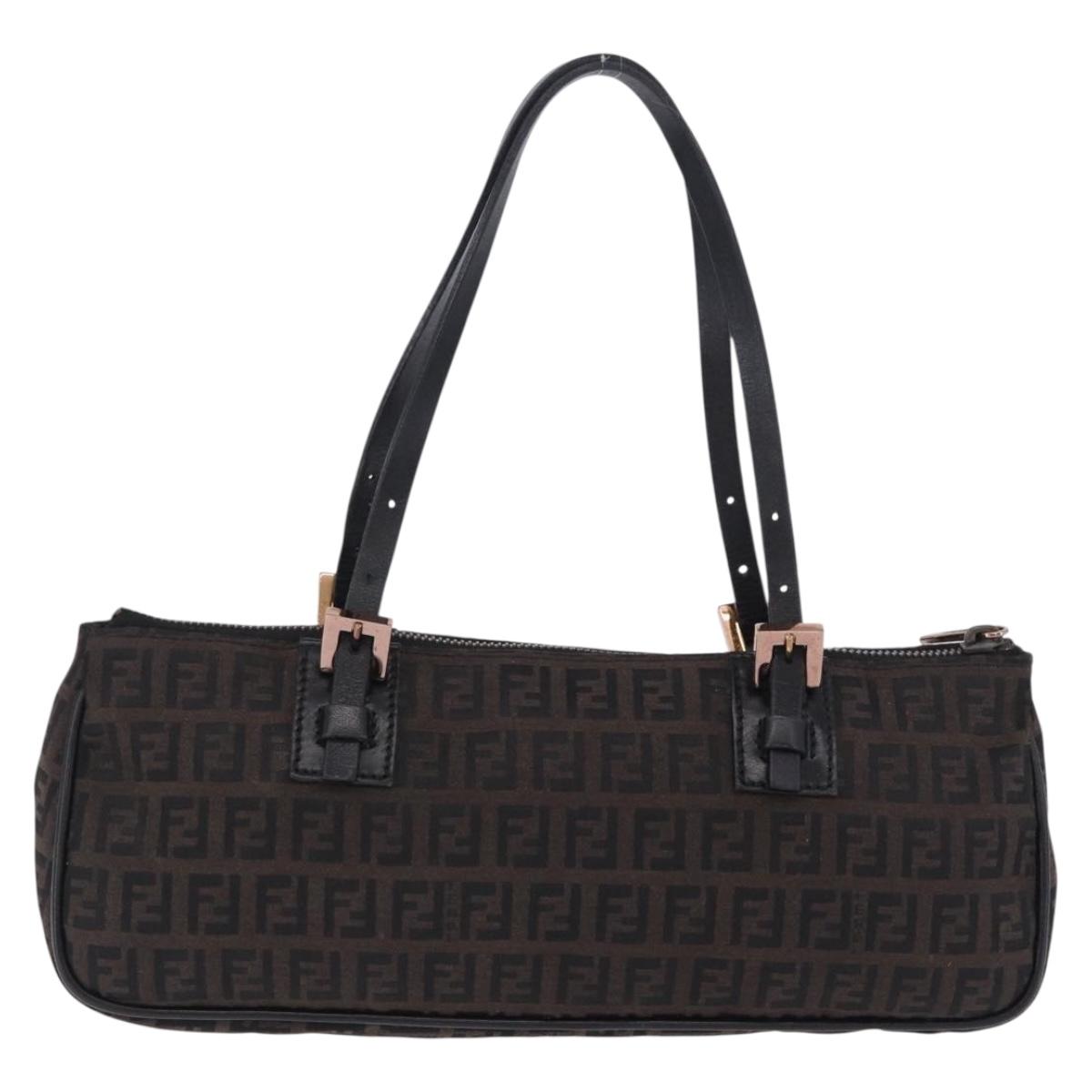FENDI Zucchino Canvas Hand Bag Dark Brown Auth 197721A