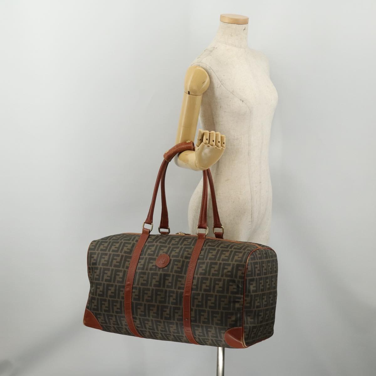 FENDI Zucca Canvas Boston Bag PVC Brown Black Auth 197724