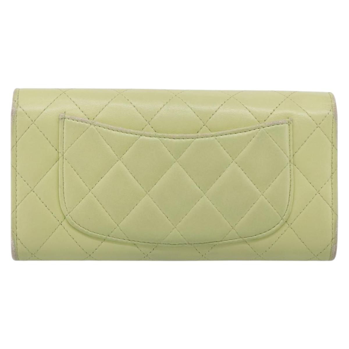 CHANEL Matelasse Long Wallet Lamb Skin Green Gold CC Auth 197728