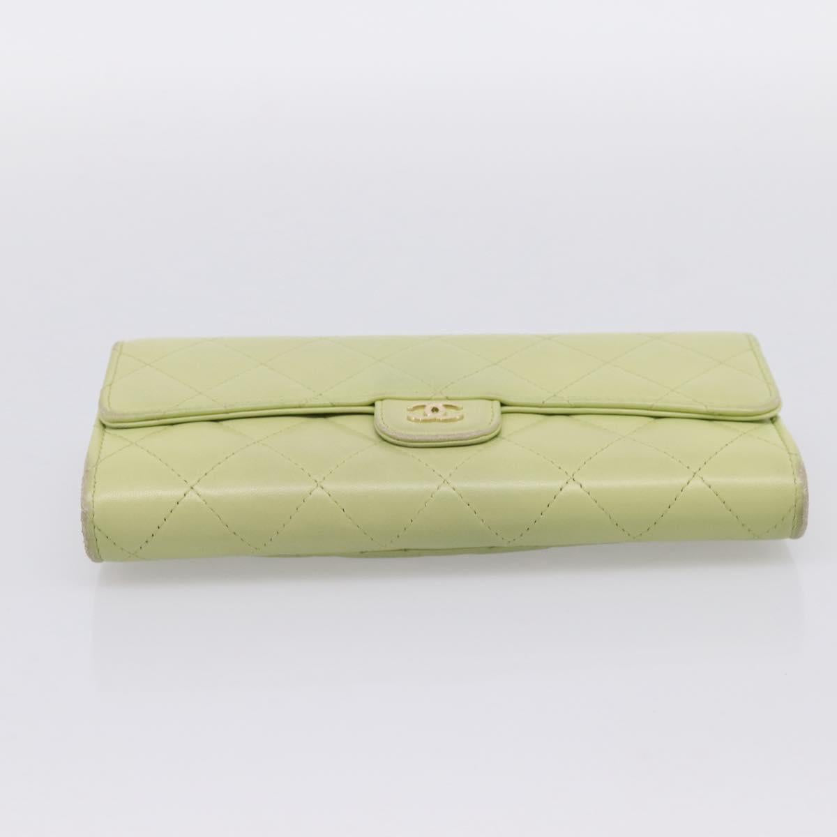 CHANEL Matelasse Long Wallet Lamb Skin Green Gold CC Auth 197728
