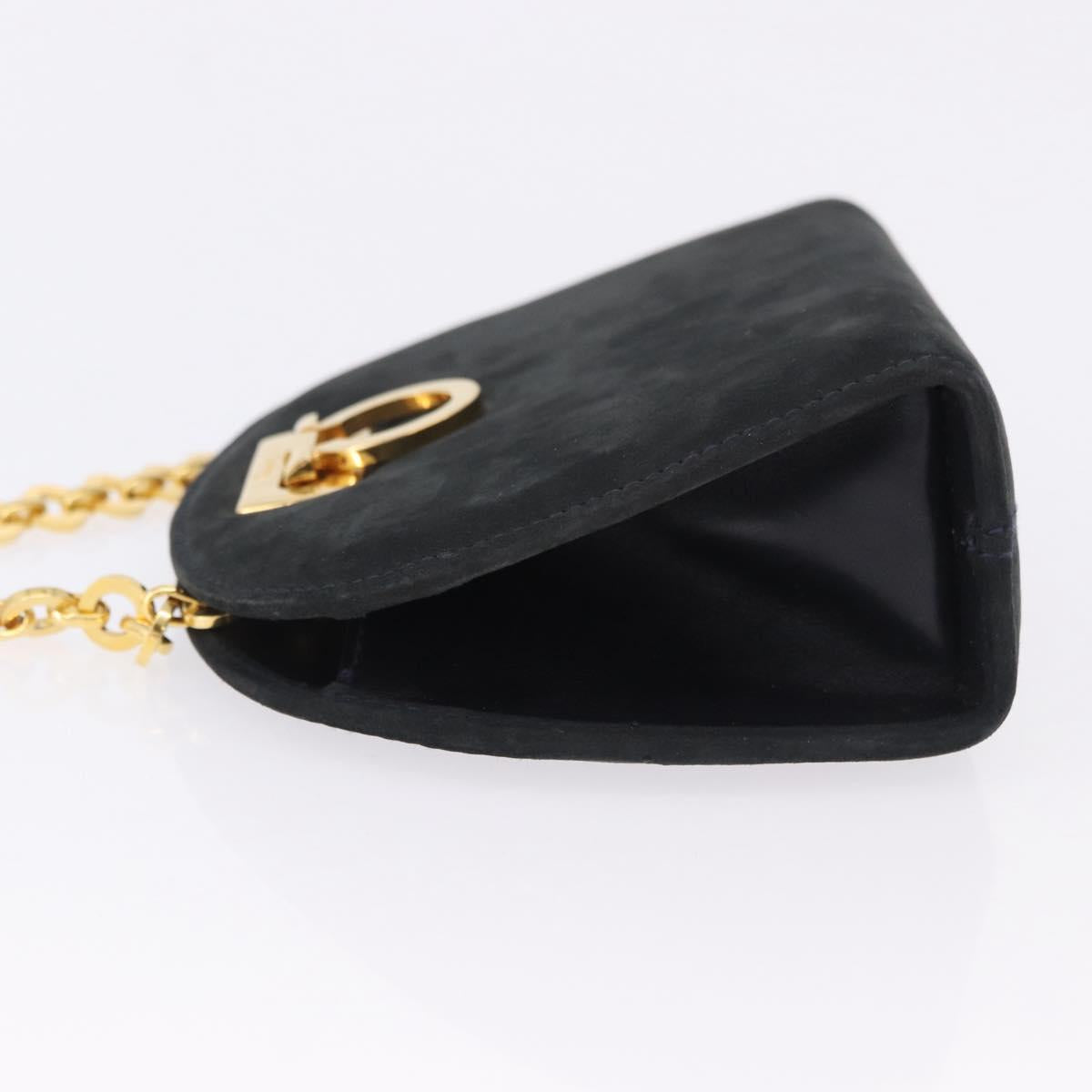 Salvatore Ferragamo Gancini Chain Shoulder Bag Suede Black Gold Auth 197729