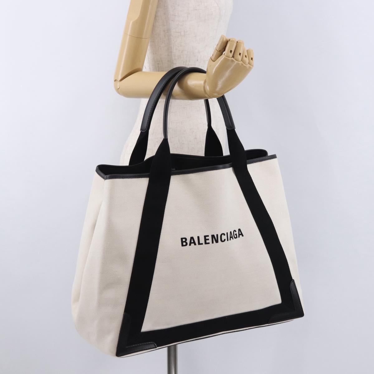 BALENCIAGA Navy Cabas M Hand Bag Canvas White Black 339936 Auth 197751V