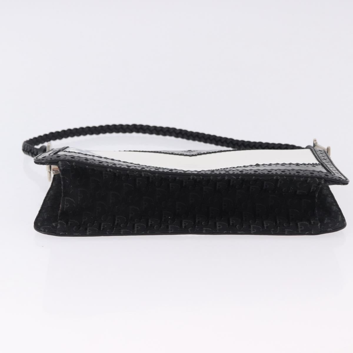 Christian Dior Hand Bag Patent Leather Black White Silver Auth 197758