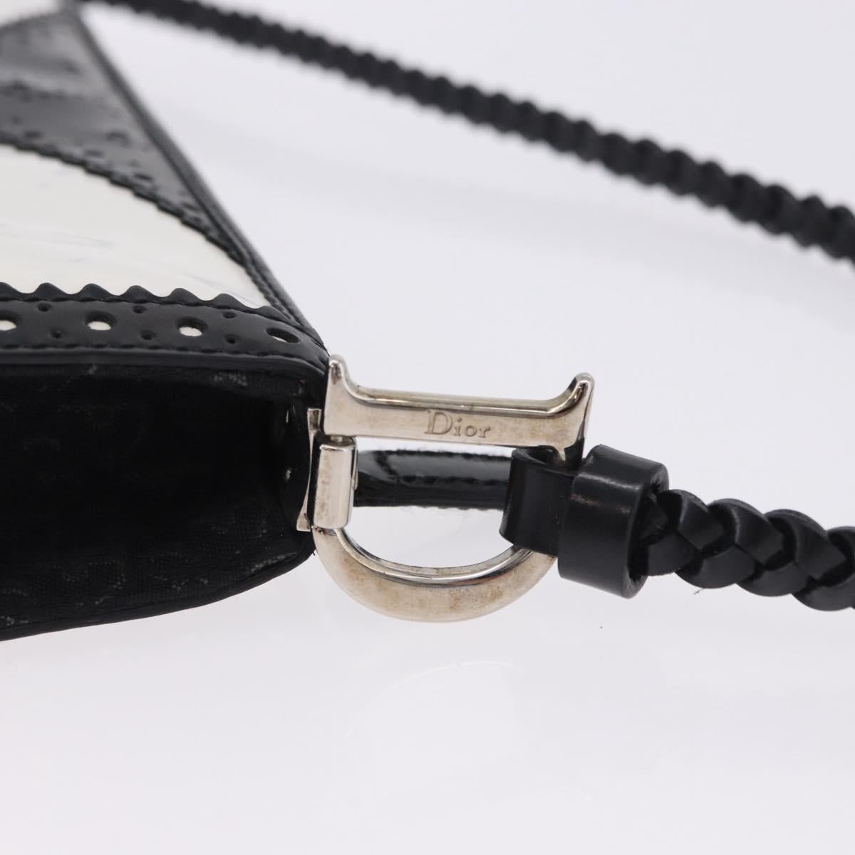 Christian Dior Hand Bag Patent Leather Black White Silver Auth 197758