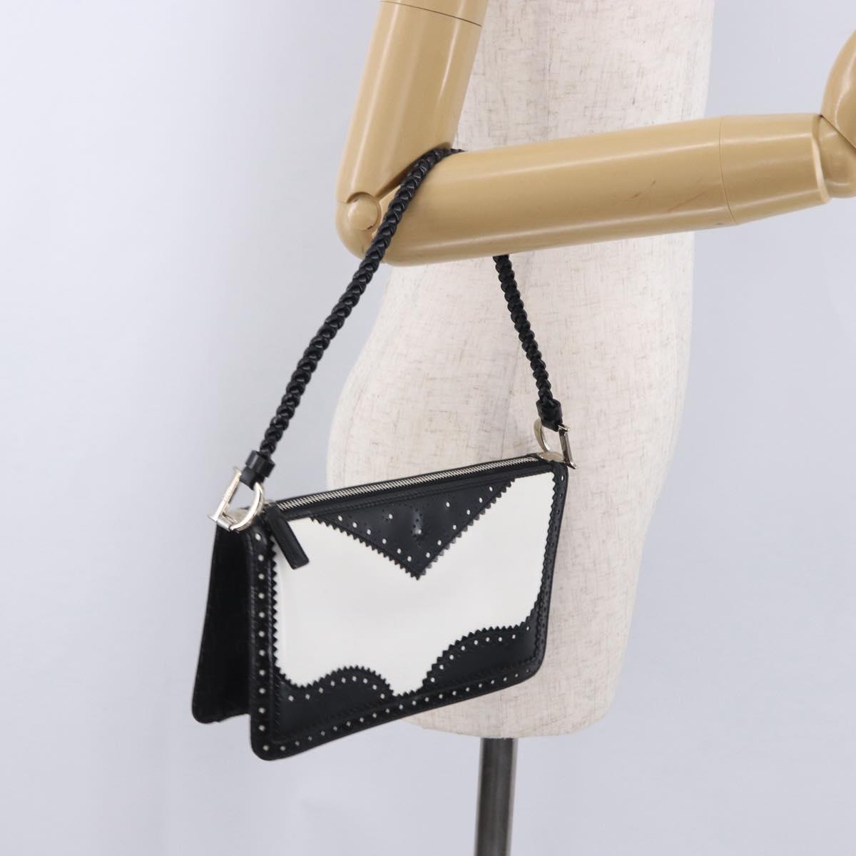 Christian Dior Hand Bag Patent Leather Black White Silver Auth 197758