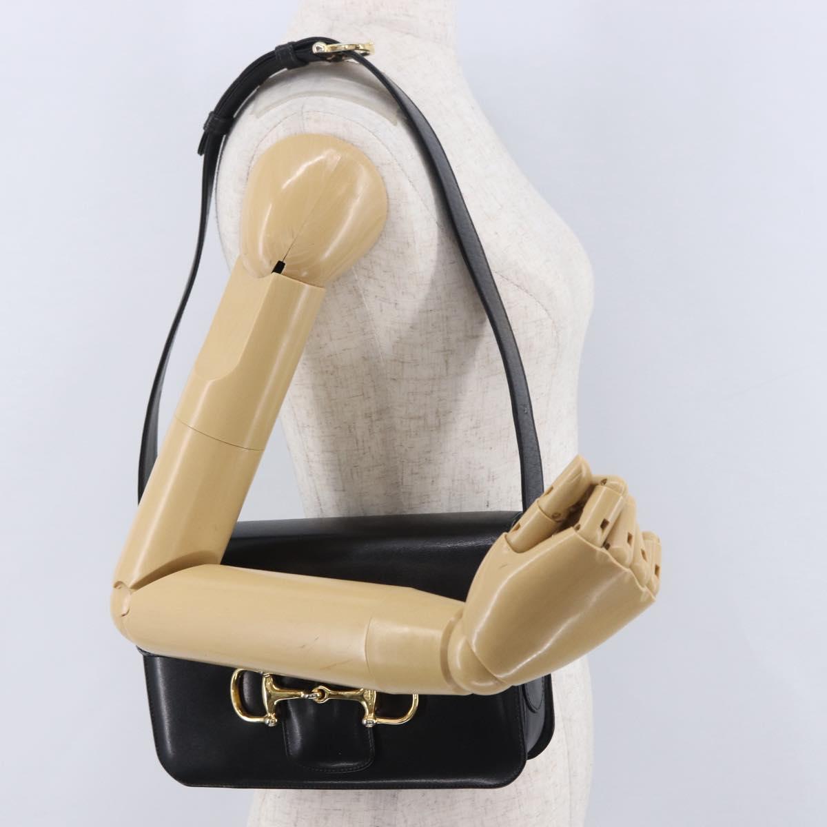 CELINE Horsebit Shoulder Bag Leather Black Gold Auth 197762A