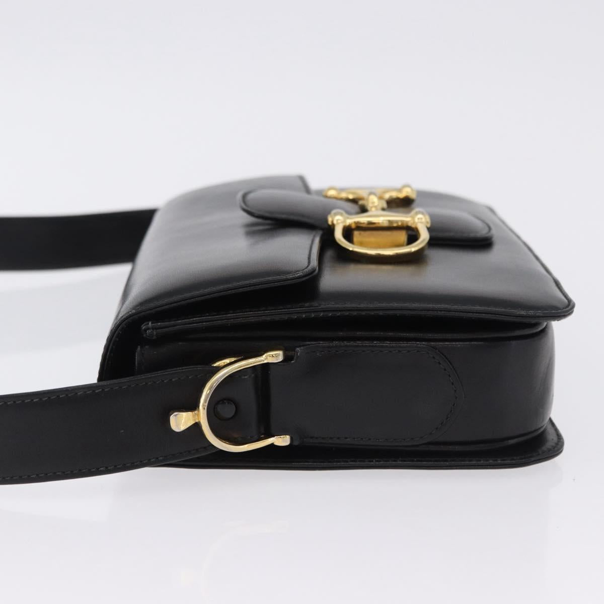CELINE Horsebit Shoulder Bag Leather Black Gold Auth 197762A