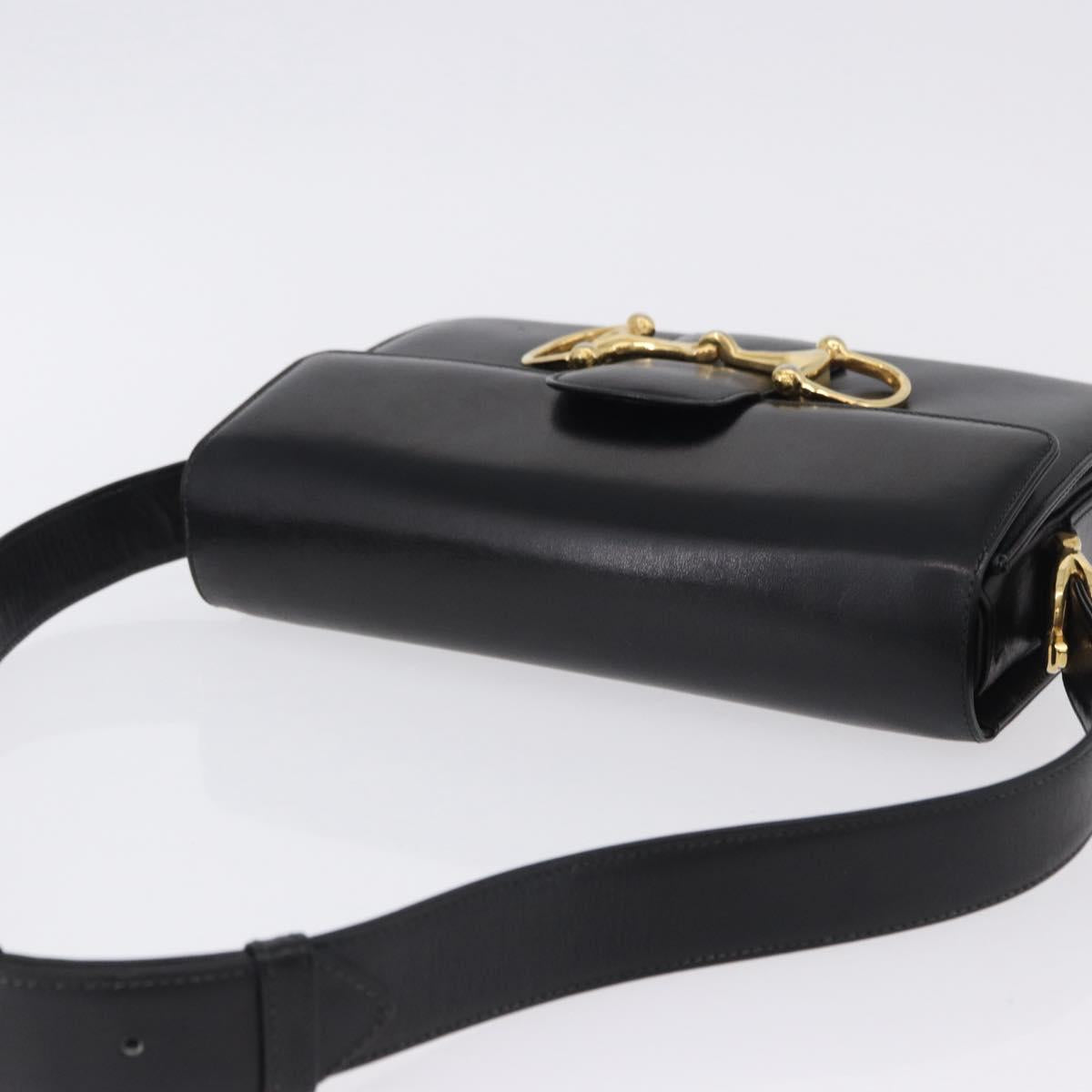 CELINE Horsebit Shoulder Bag Leather Black Gold Auth 197762A