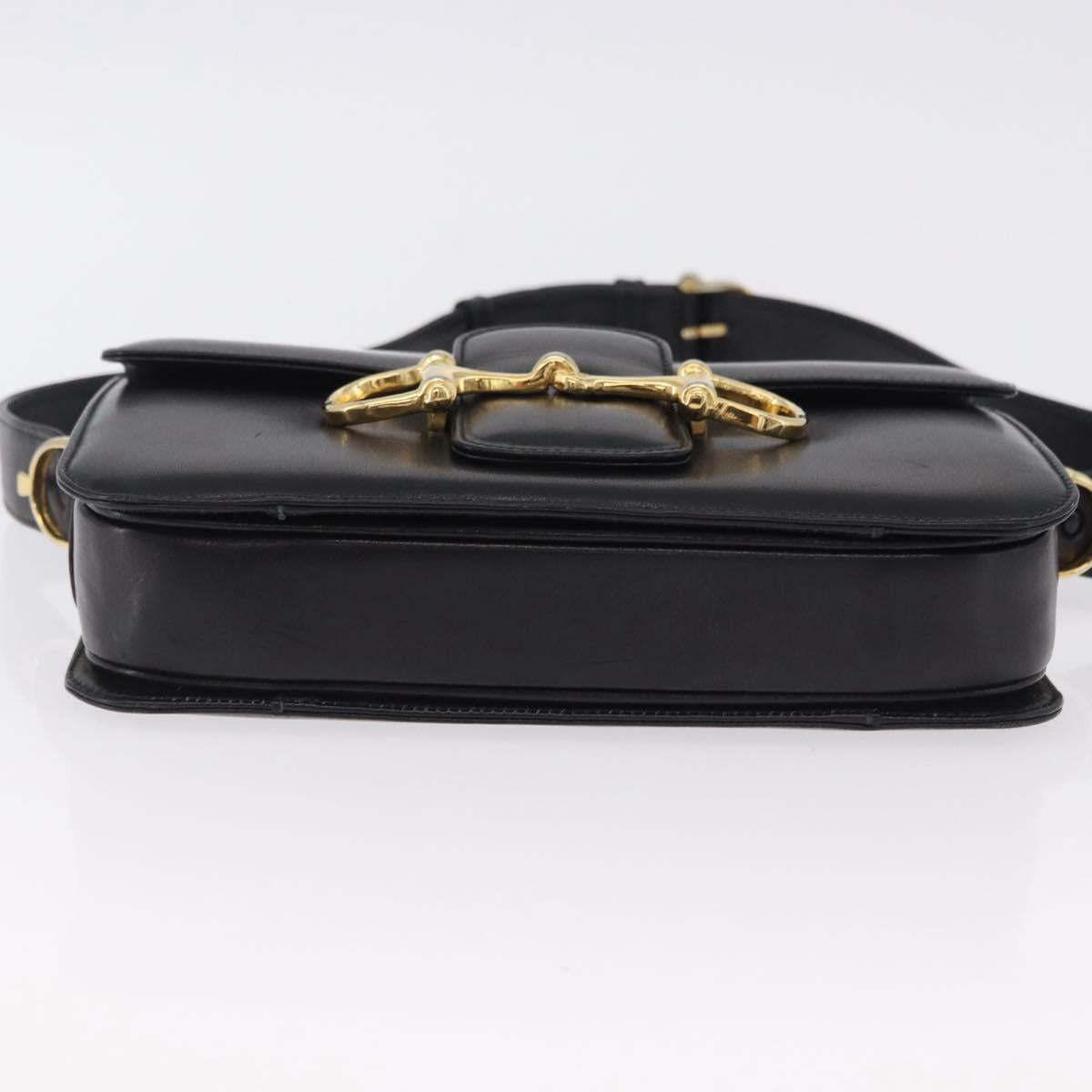 CELINE Horsebit Shoulder Bag Leather Black Gold Auth 197762A