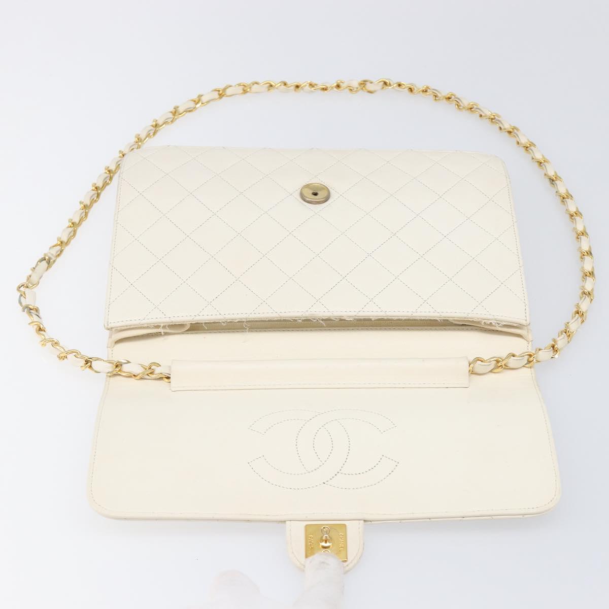 CHANEL Matelasse Chain Shoulder Bag Lamb Skin White Gold CC Auth 197774