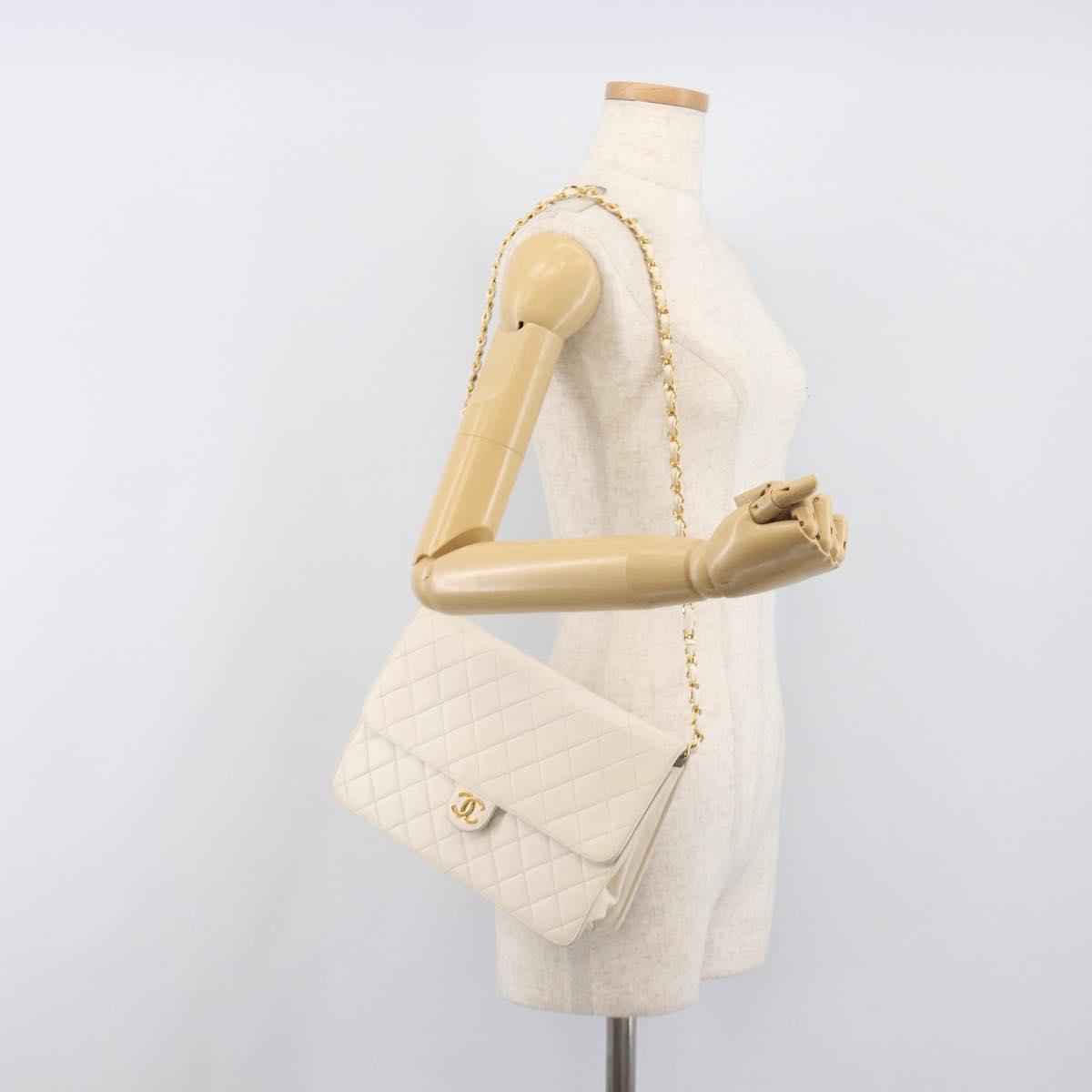 CHANEL Matelasse Chain Shoulder Bag Lamb Skin White Gold CC Auth 197774
