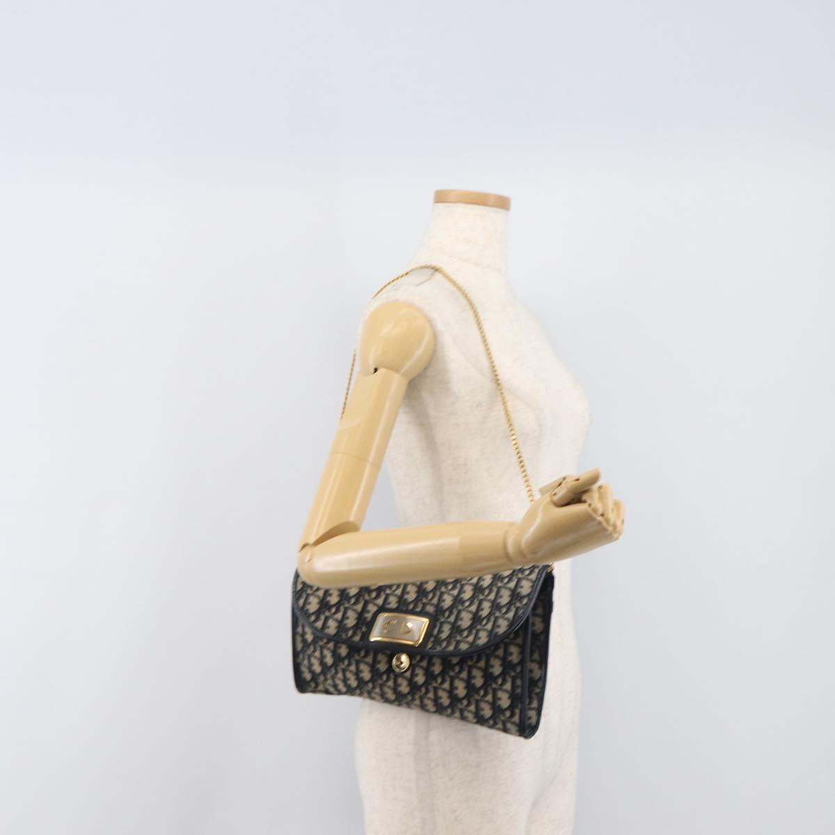 Christian Dior Trotter Canvas Chain Shoulder Bag Navy Gold Auth 197779